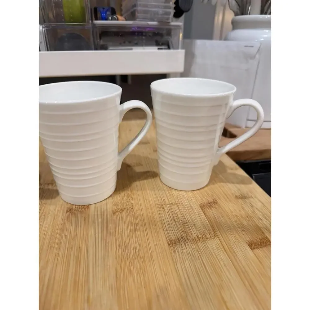 Set Of 4 Mikasa Swirl White Bone China Coffee Cup 4.5" Tall Mug Ribbed * - Picture 3 of 10